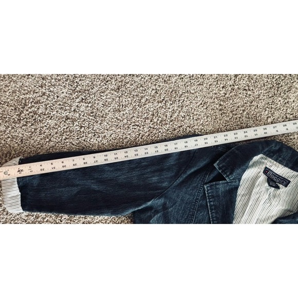 Baccini Sz L 2 Button Blue Denim Jean Jacket Stripe Rolled Sleeve Collar Pockets - Picture 8 of 11